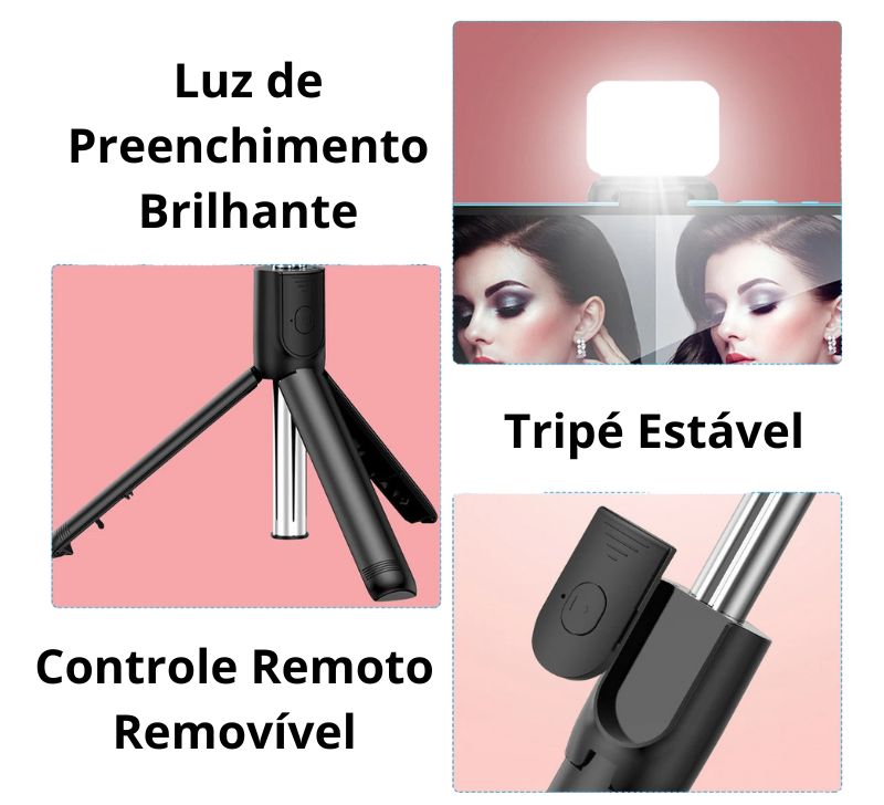 Pau de Selfie com Controle remoto Bluetooth e Mini Tripé Retrátil