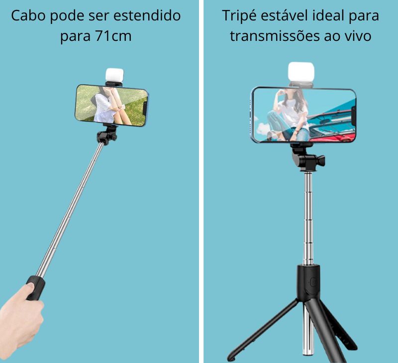 Pau de Selfie com Controle remoto Bluetooth e Mini Tripé Retrátil