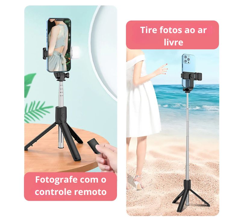 Pau de Selfie com Controle remoto Bluetooth e Mini Tripé Retrátil